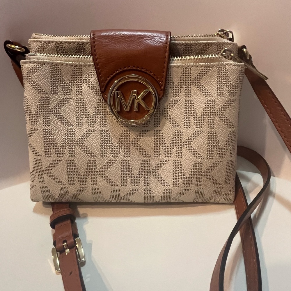 Michael Kors Brown and Cream Monogram Crossbody Bag